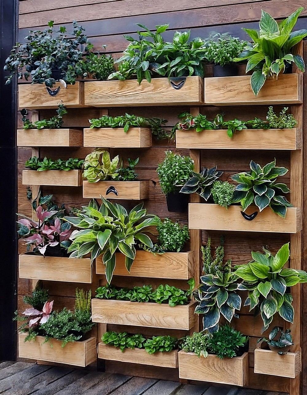 Vertical garden with wooden planter boxes
