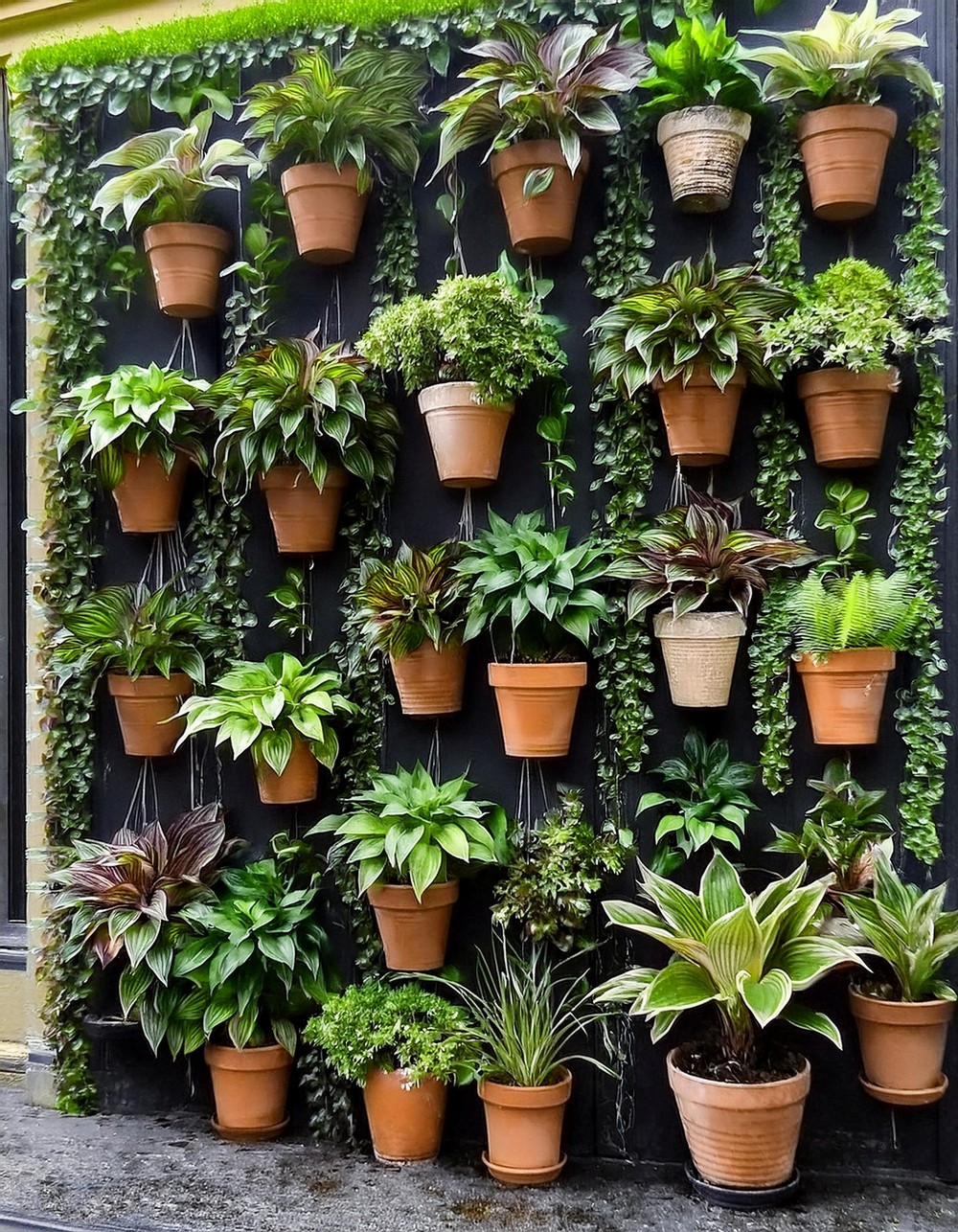 Vertical lush garden with hanging pots