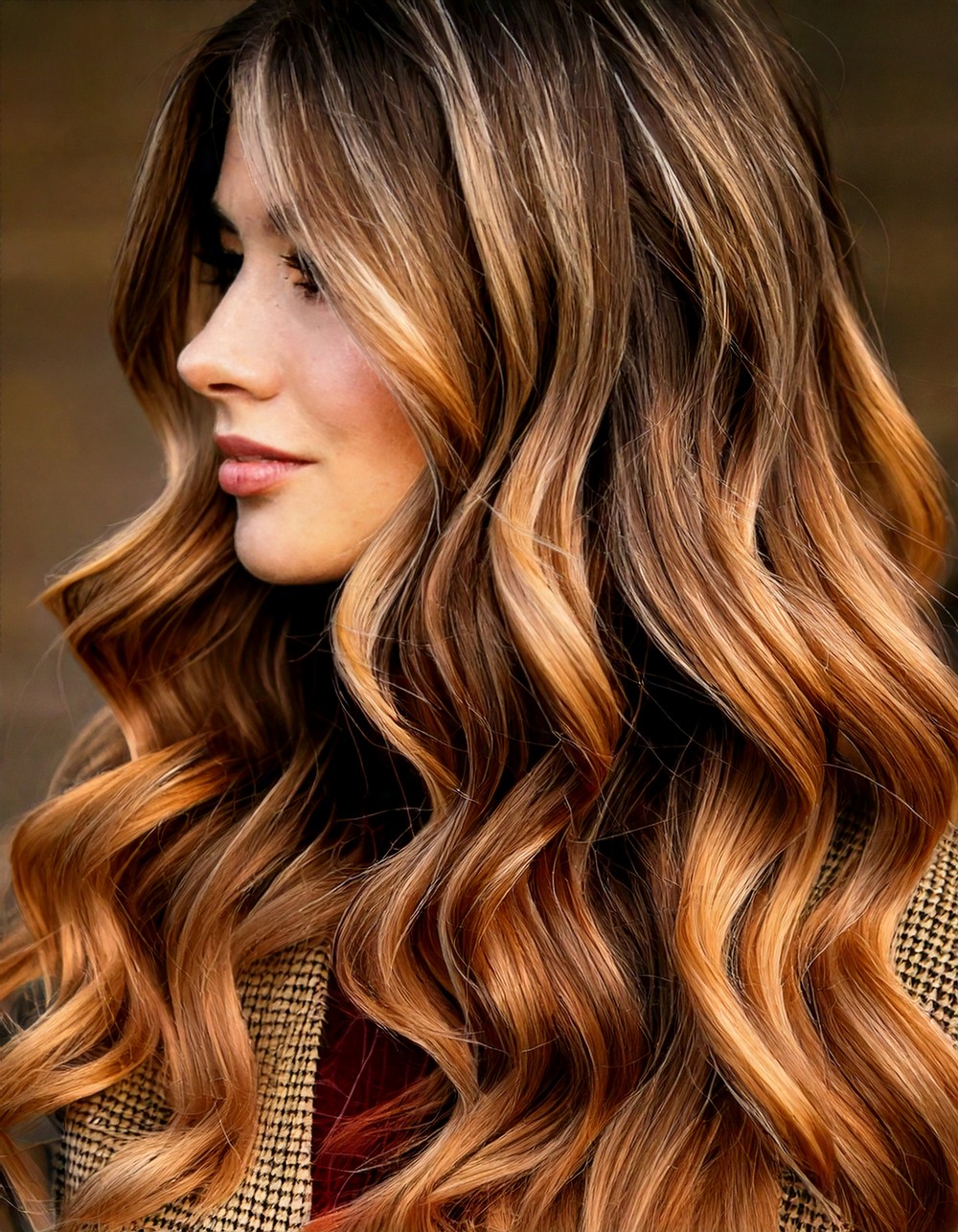 Warm Bronde Waves with Dark Roots for Autumn