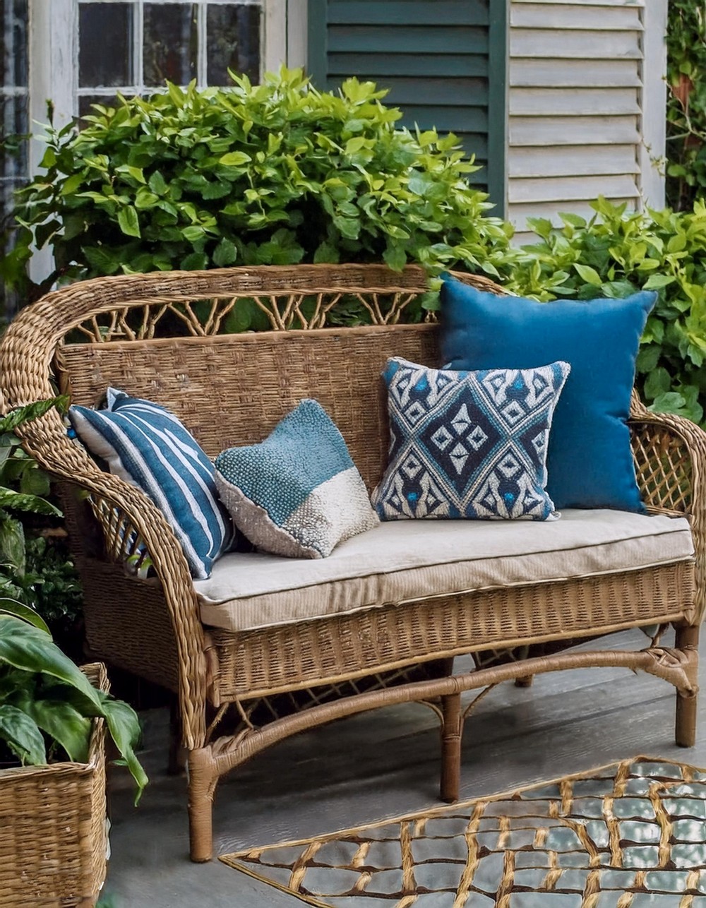 Wicker Bench with Cushions