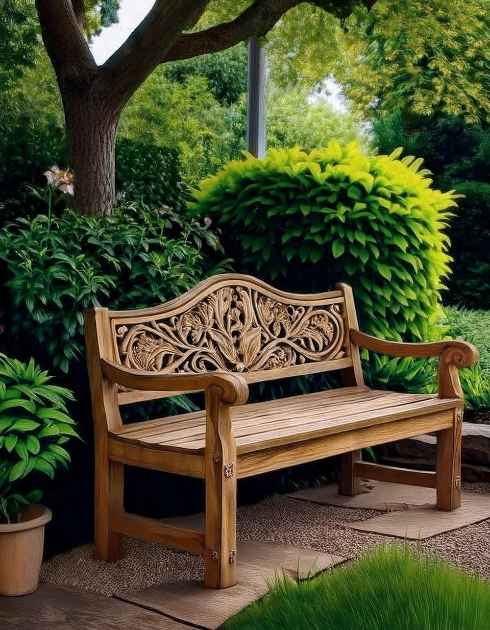 Wooden Bench with Carved Backrest