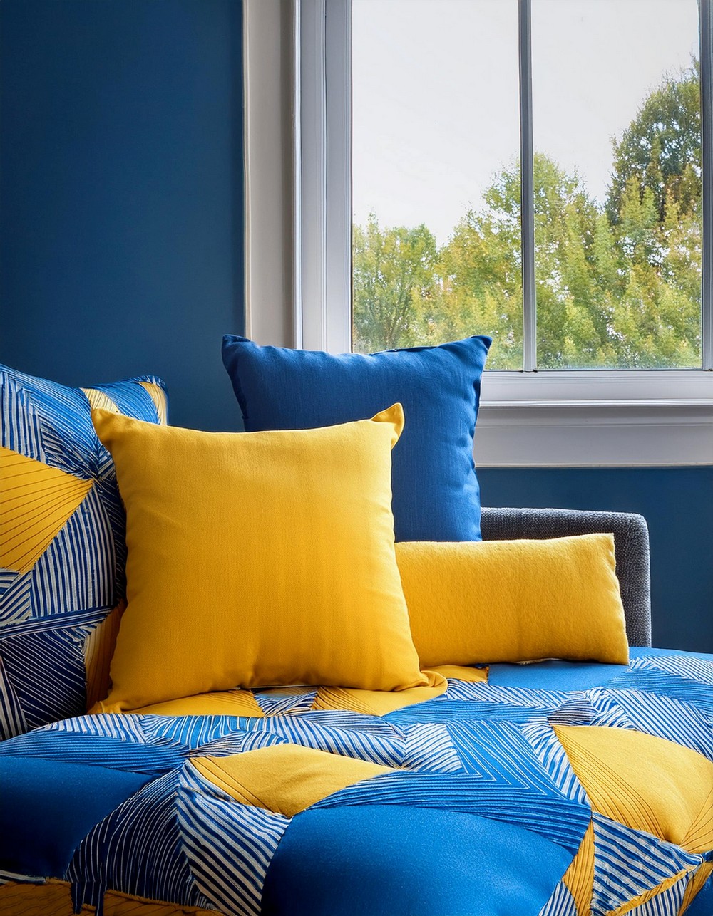 Yellow and Blue Geometric Patterned Throw Pillows