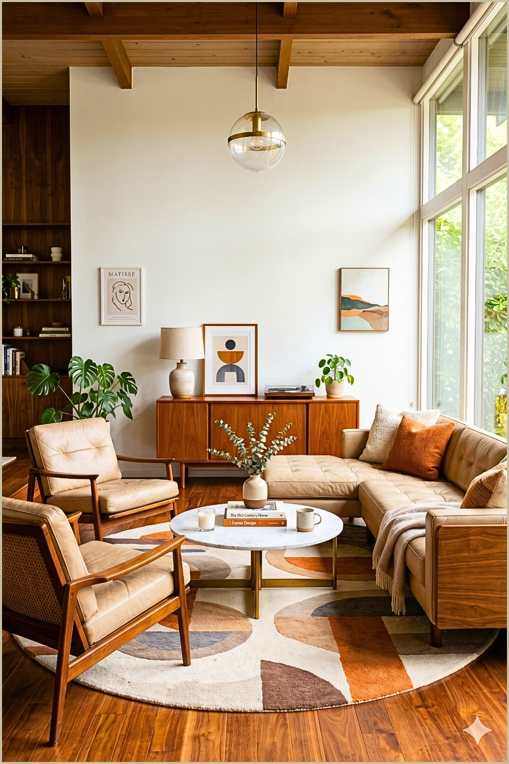 Beige Leather Walnut Midcentury