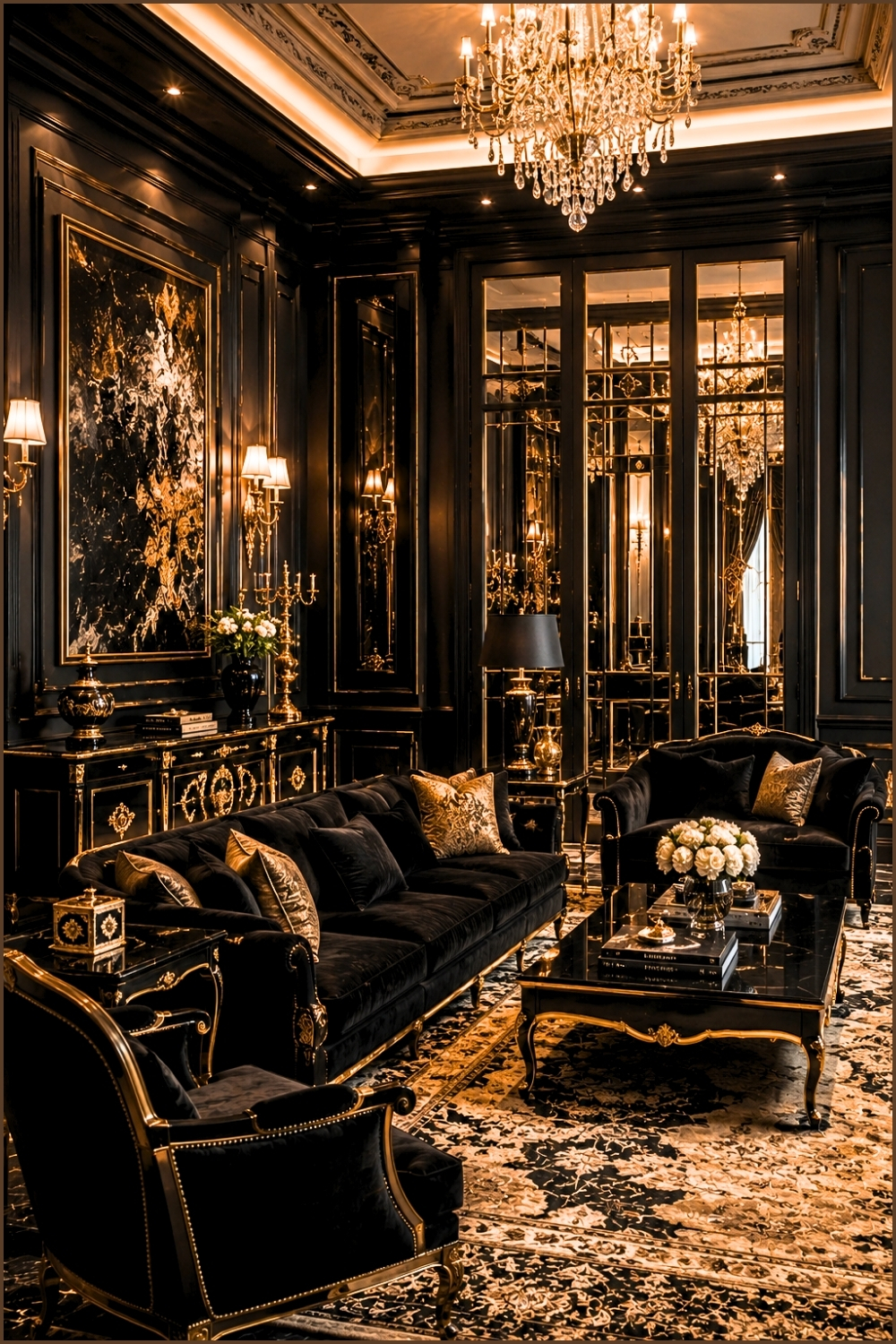 Black And Gold Luxury Lounge With Crystal Chandeliers