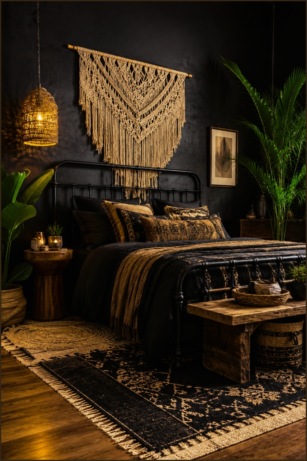 Bohemian Black Bedroom with Macrame Decor