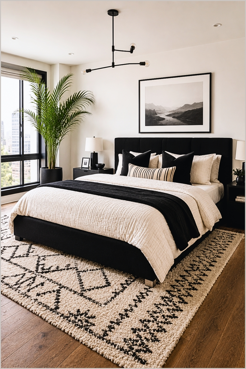 Bold Black and White Patterned Rug Bedroom