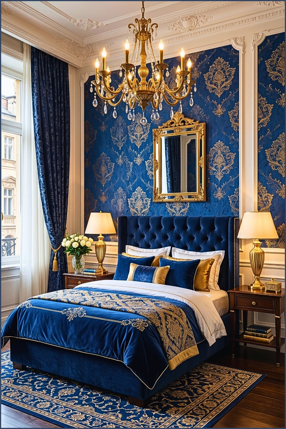 Bold Blue and Gold Wallpaper Bedroom