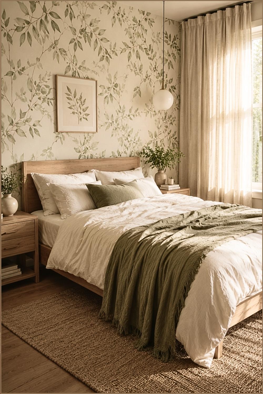 Botanical Wallpaper Sage Green Bedroom