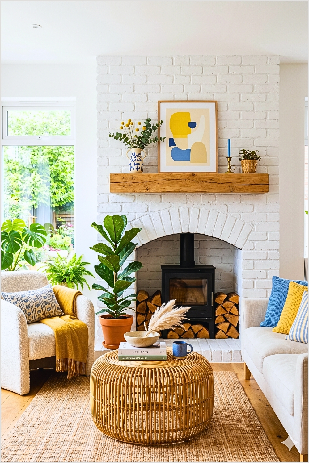 Bright Contemporary White Brick Fireplace