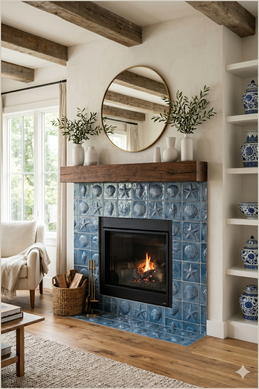 Coastal Blue Tile Fireplace