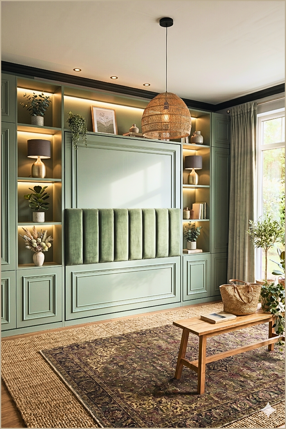 Compact Sage Green Murphy Bed Room