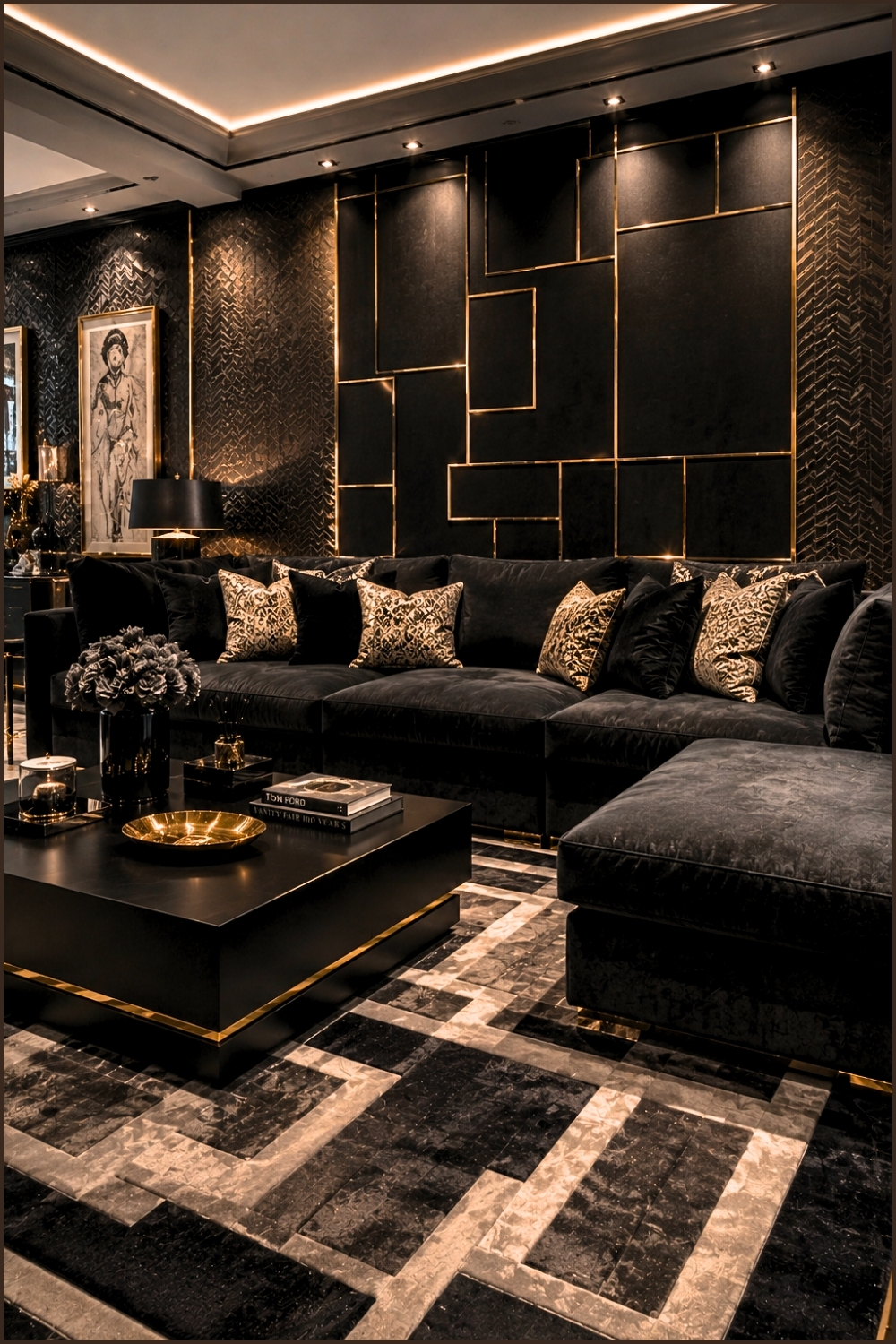 Contemporary Black Geometric Accent Wall Living Room