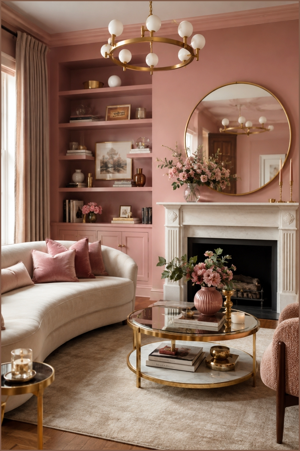 Contemporary Glam in Warm Pink Living Room