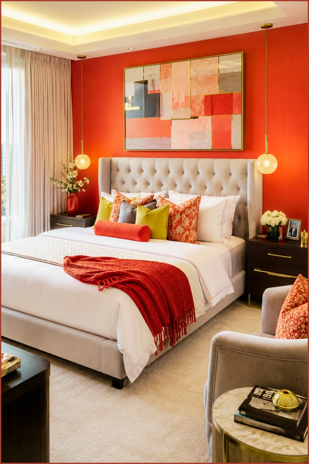 Coral Red Modern Art Bedroom