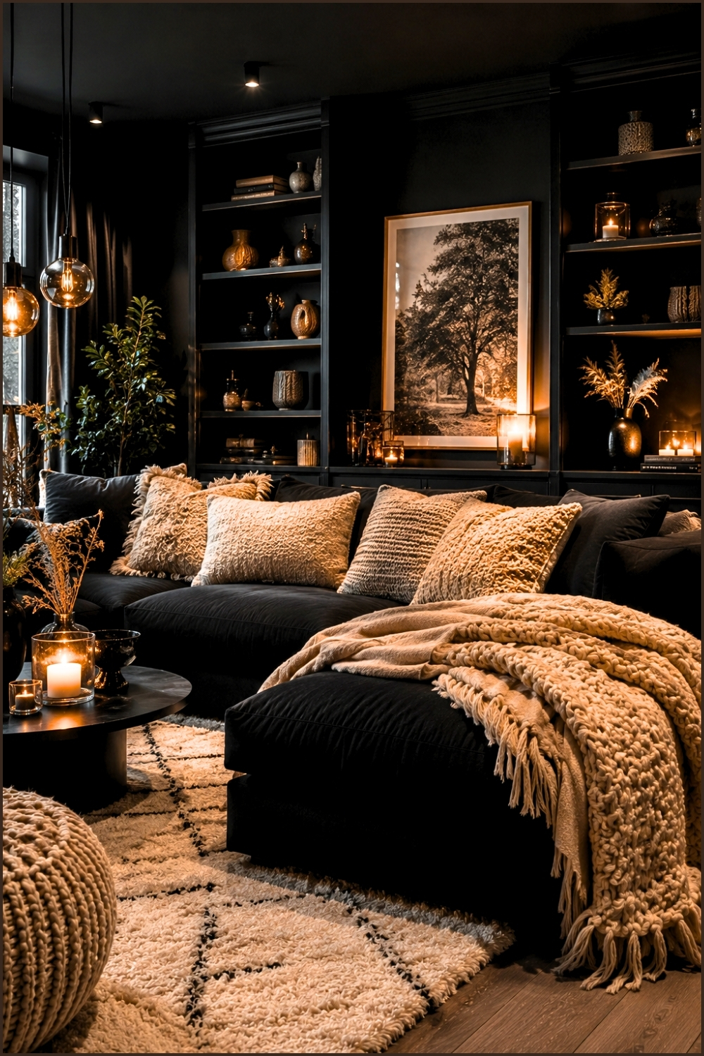 Cozy Black Living Room With Warm Ambient Lighting