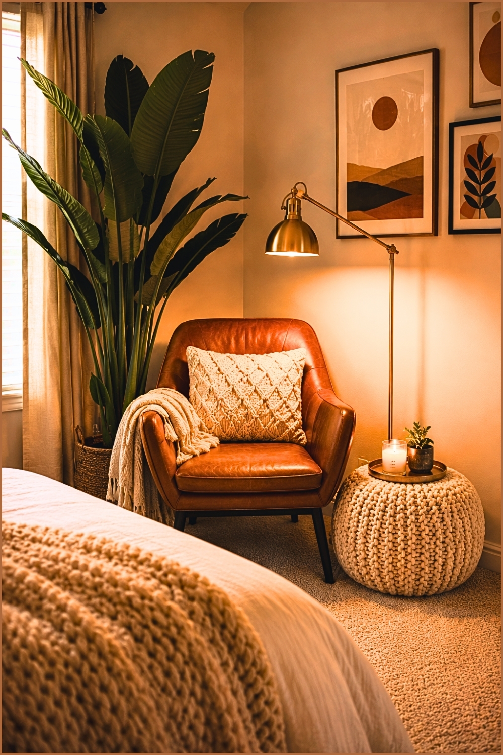 Cozy Boho Bedroom Corner with Faux Plant