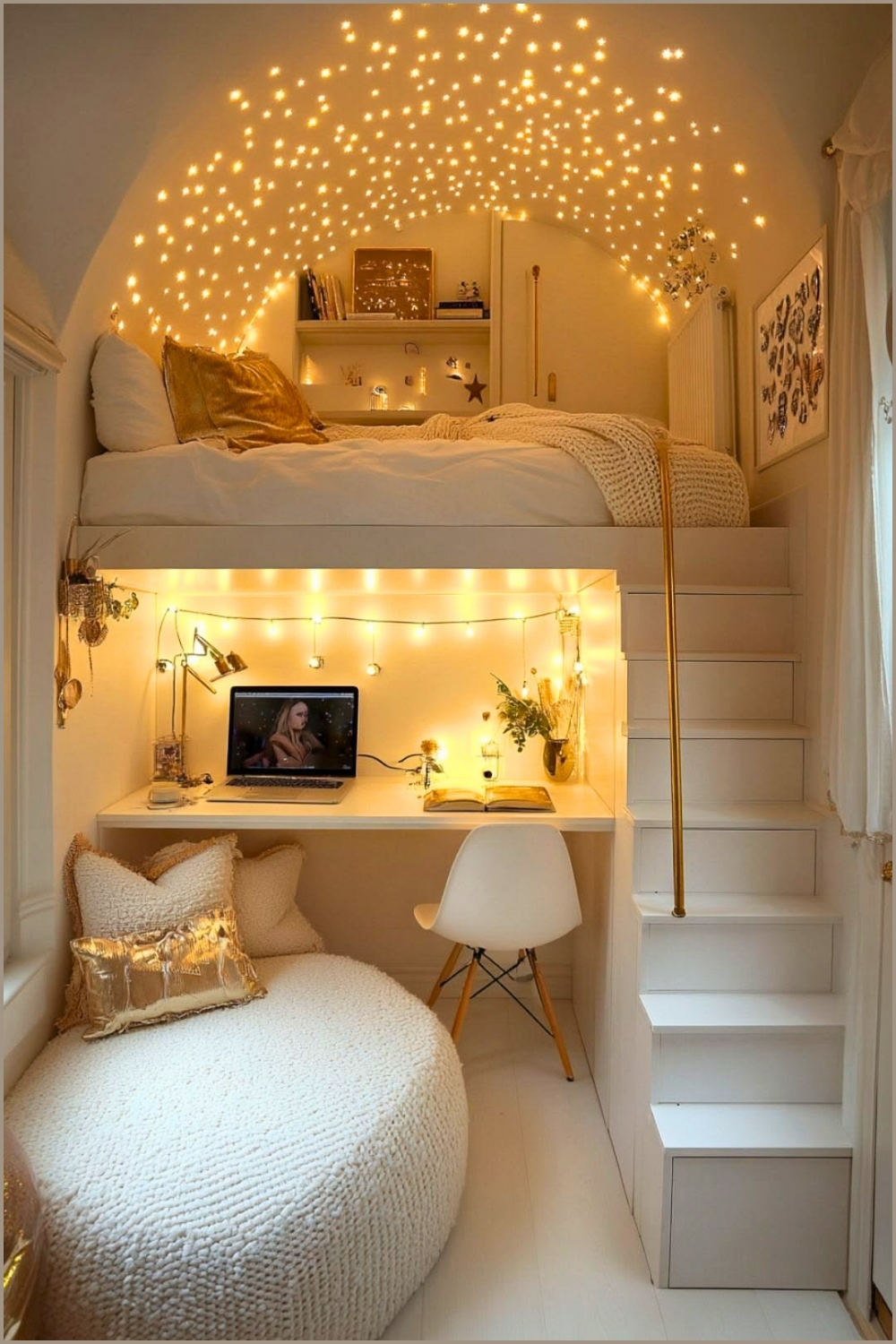 Cozy Loft Bedroom with Fairy Light Glow