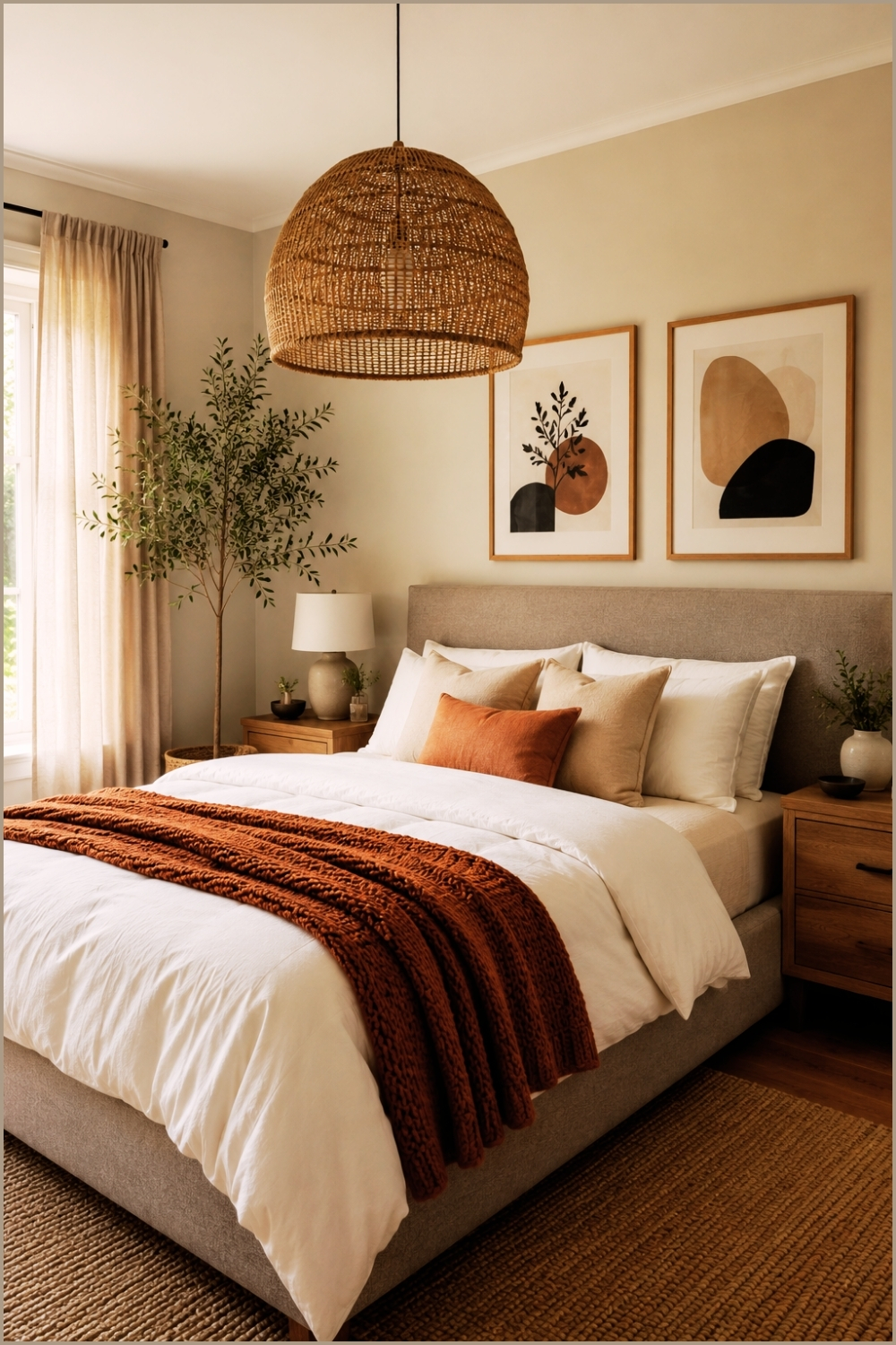 Cozy Scandinavian Bedroom With Woven Pendant