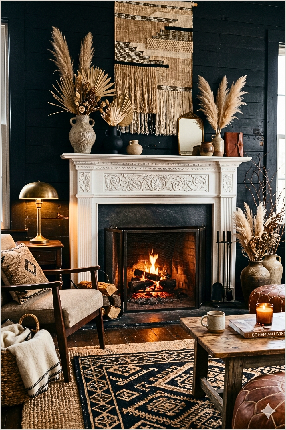 Dark Boho Fireplace Retreat