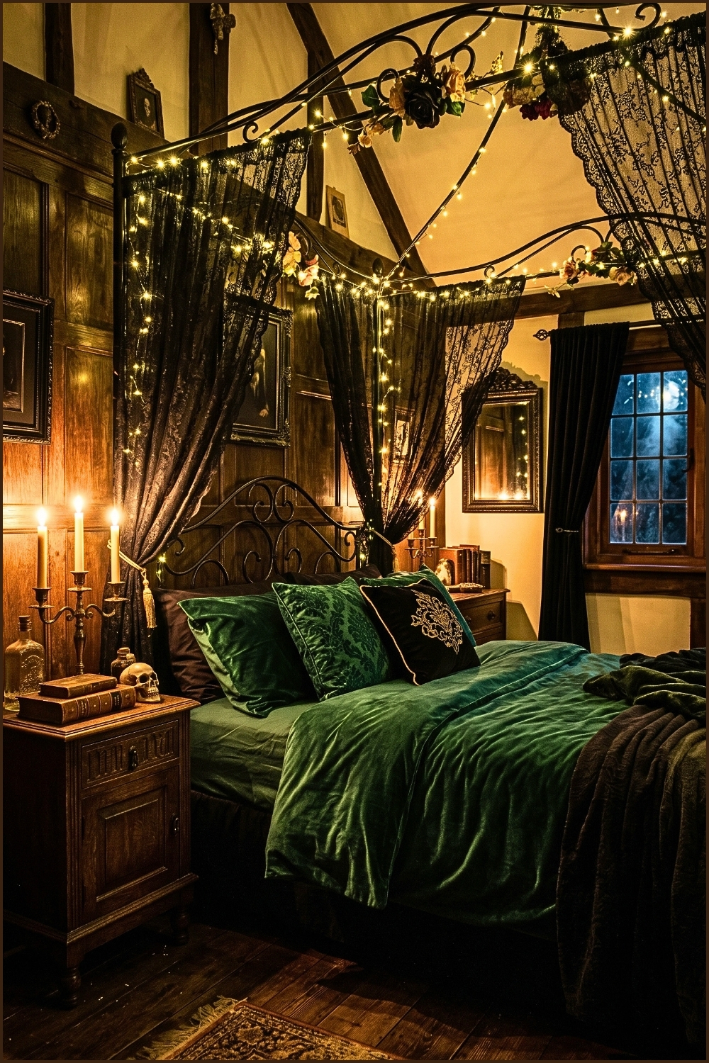 Dark Canopy Bed With Lace Curtains
