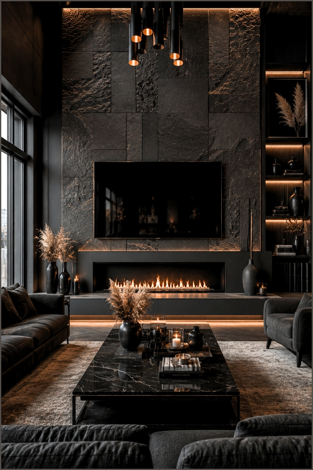 Dark Modern Fireplace Media Wall