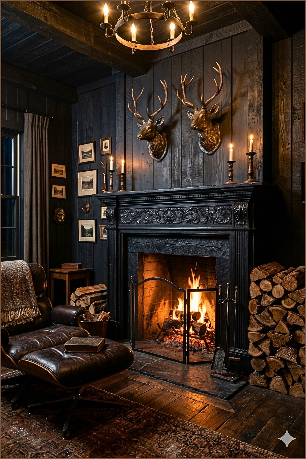 Dark Rustic Lodge Fireplace Interior