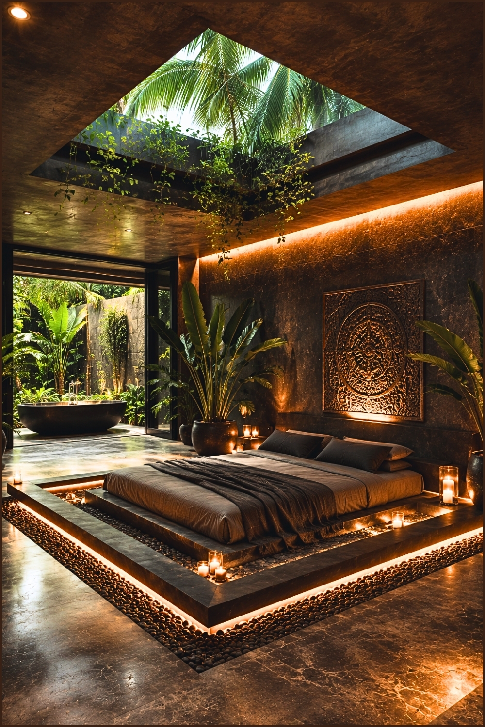 Dark Tropical Skylight Bedroom