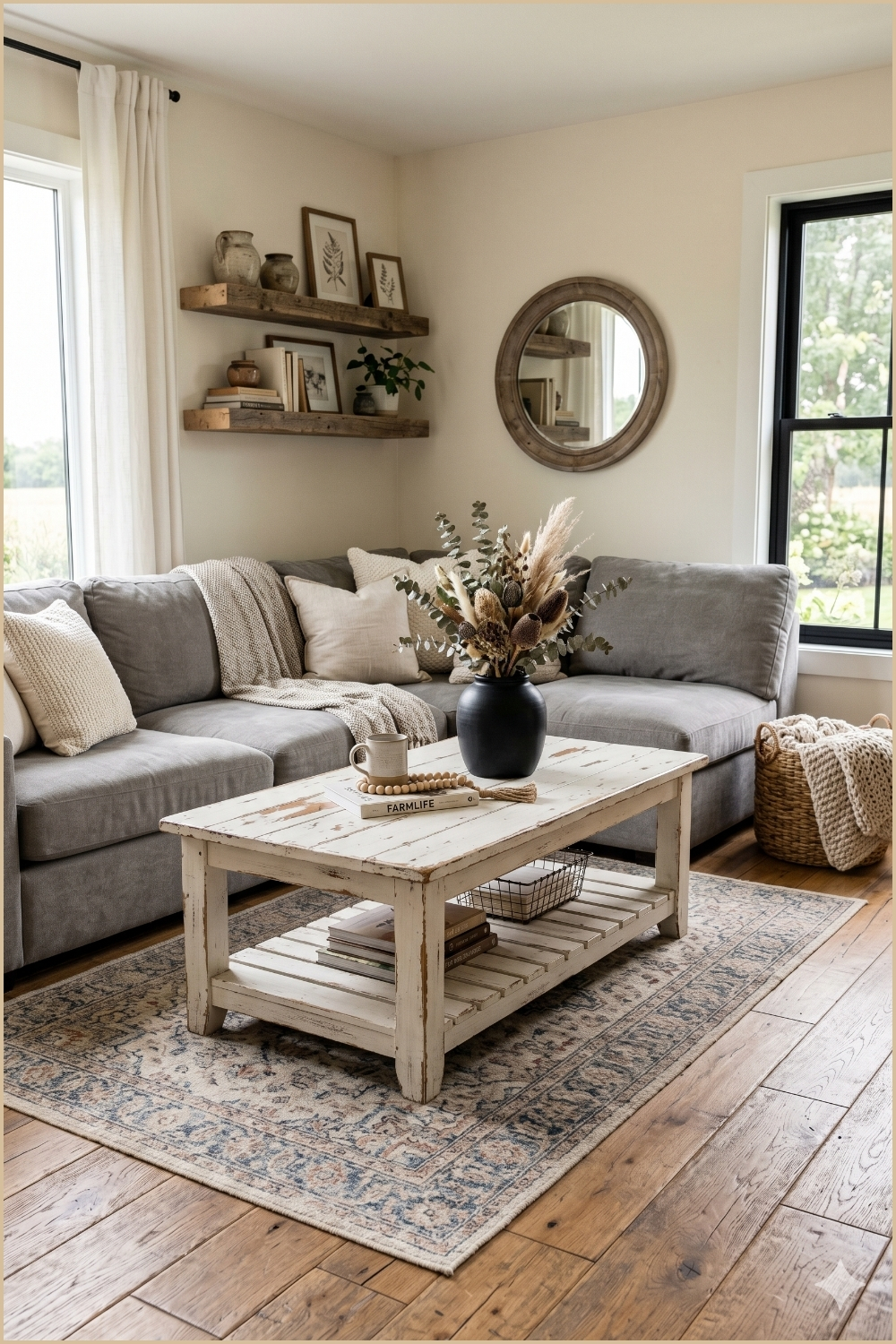 Distressed White Farmhouse Coffee Table Scene