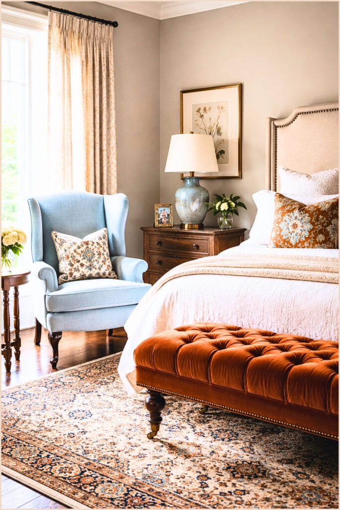 Elegant Bedroom Sitting Area with Velvet Ottoman