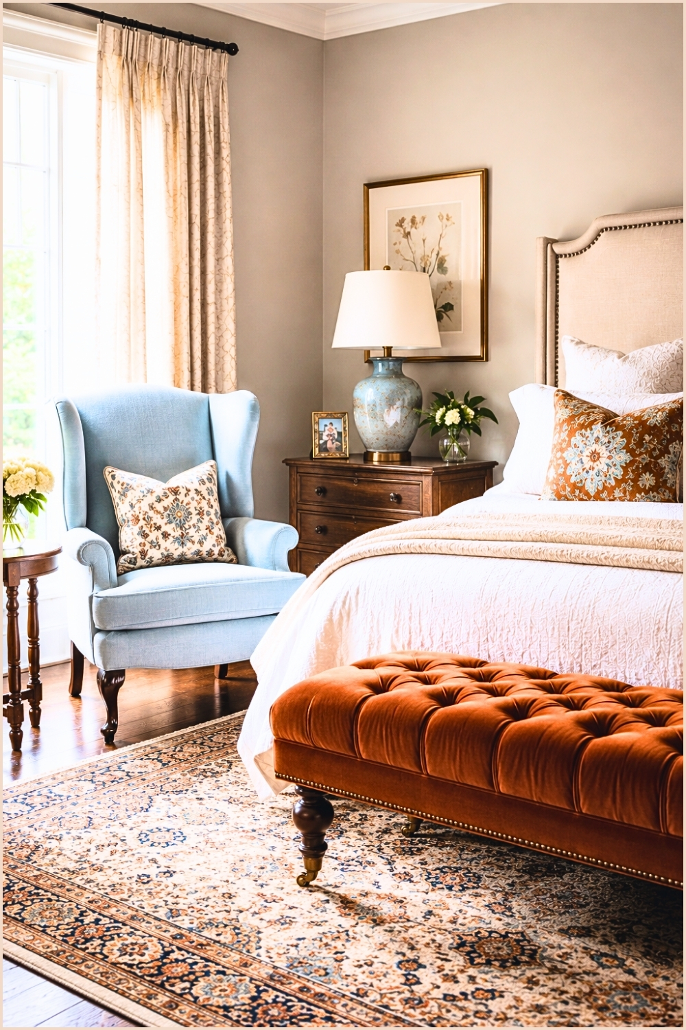 Elegant Bedroom Sitting Area with Velvet Ottoman