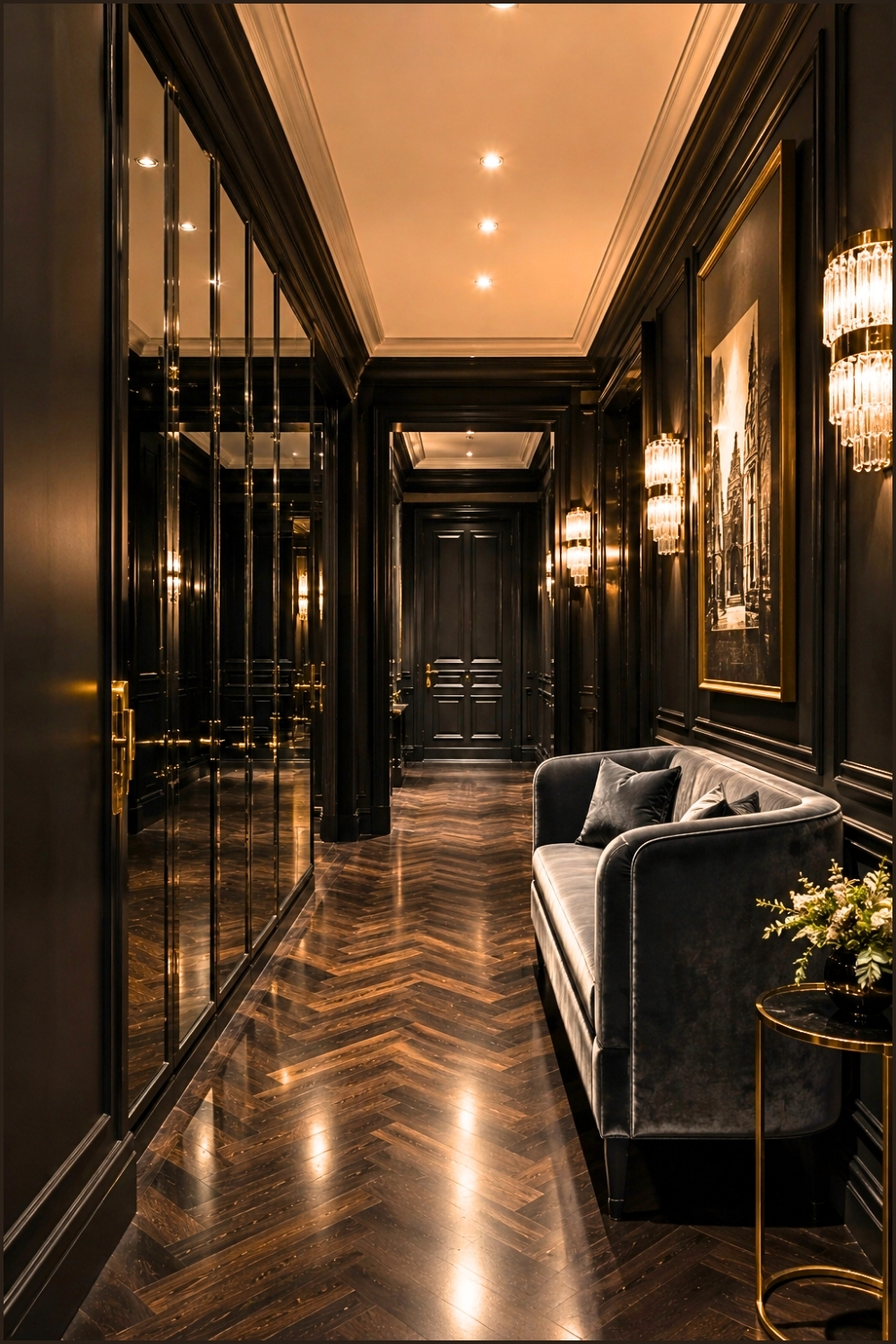Elegant Black Hallway With Mirrored Wall Panels