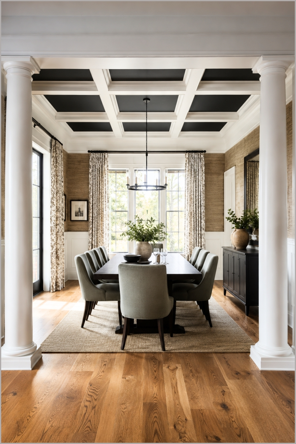 Elegant Black and White Coffered Dining Room