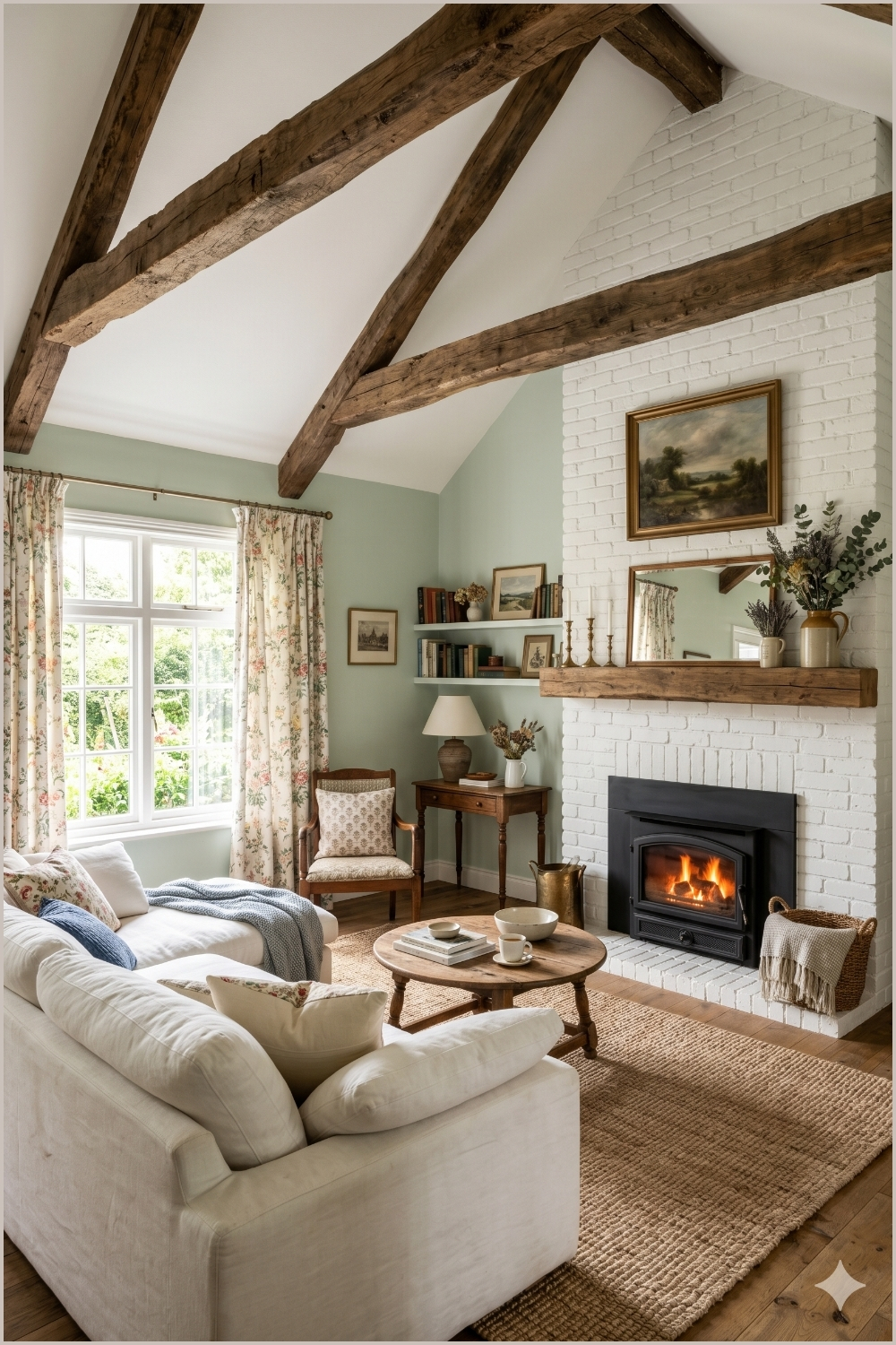 Elegant Cottage Fireplace With Vaulted Ceiling