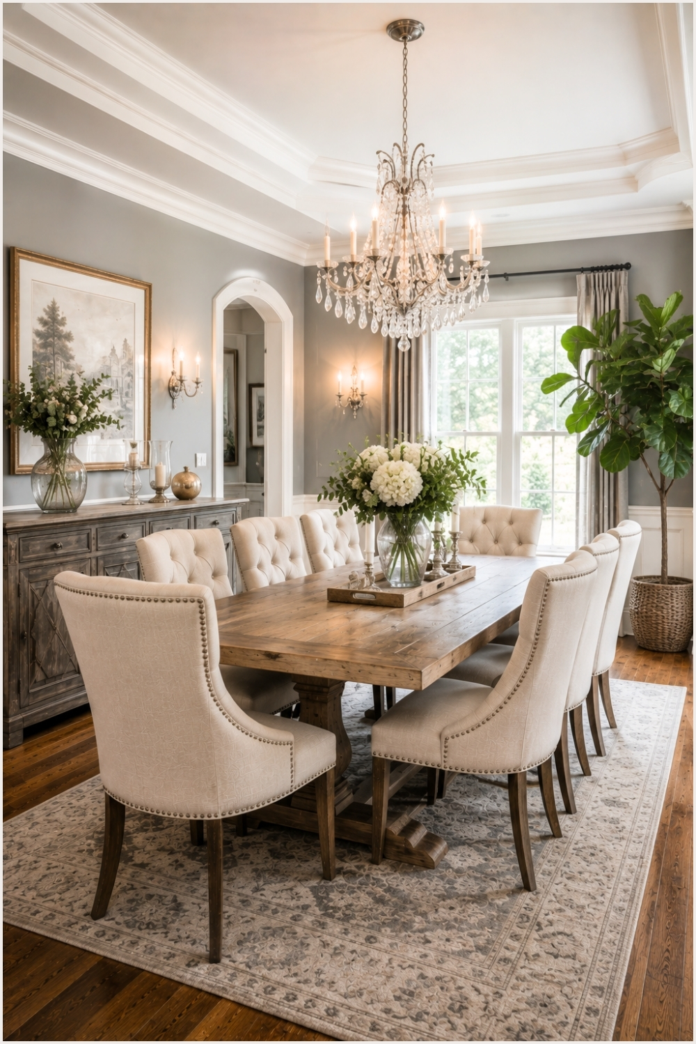 Elegant Gray Dining Room With Chandelier