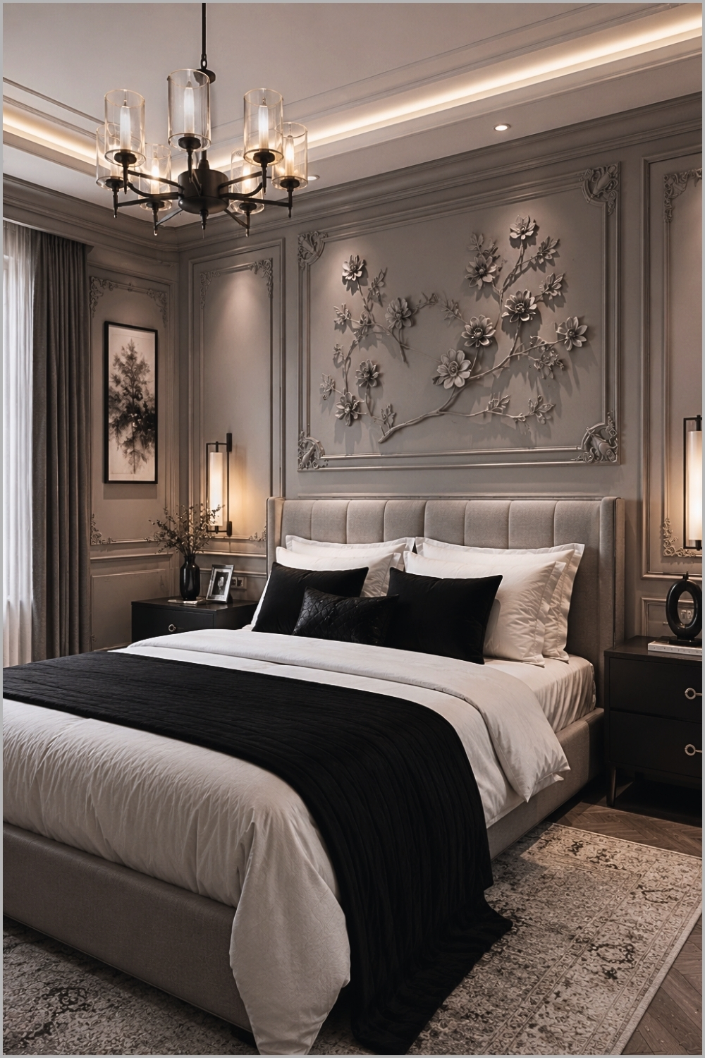 Elegant Gray Neoclassical Bedroom