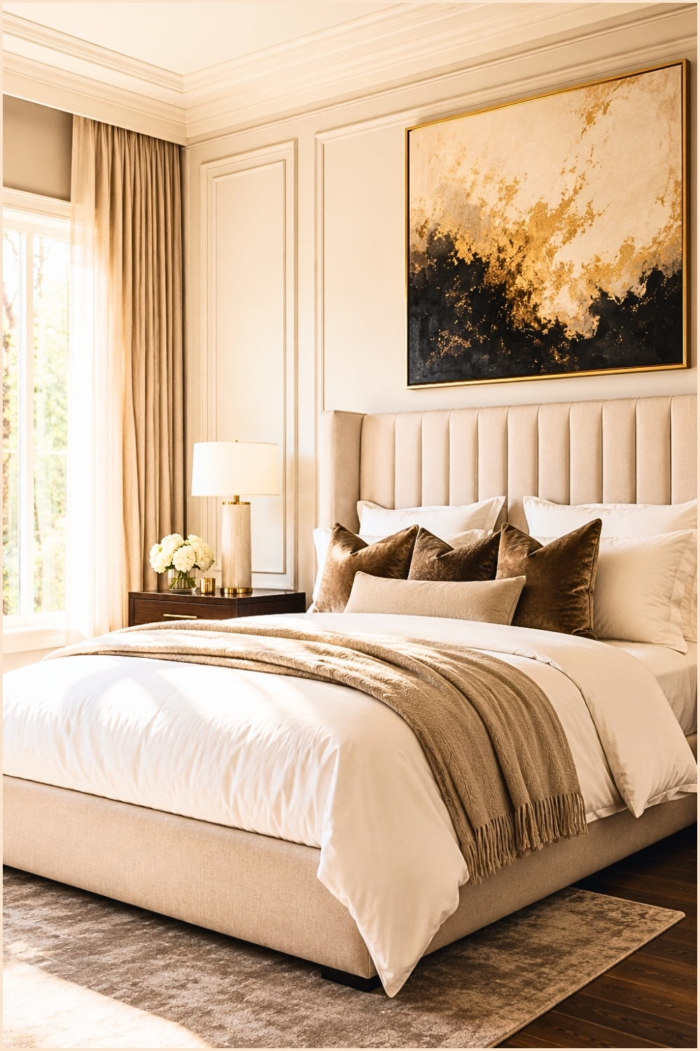Elegant Neutral Bedroom With Abstract Art