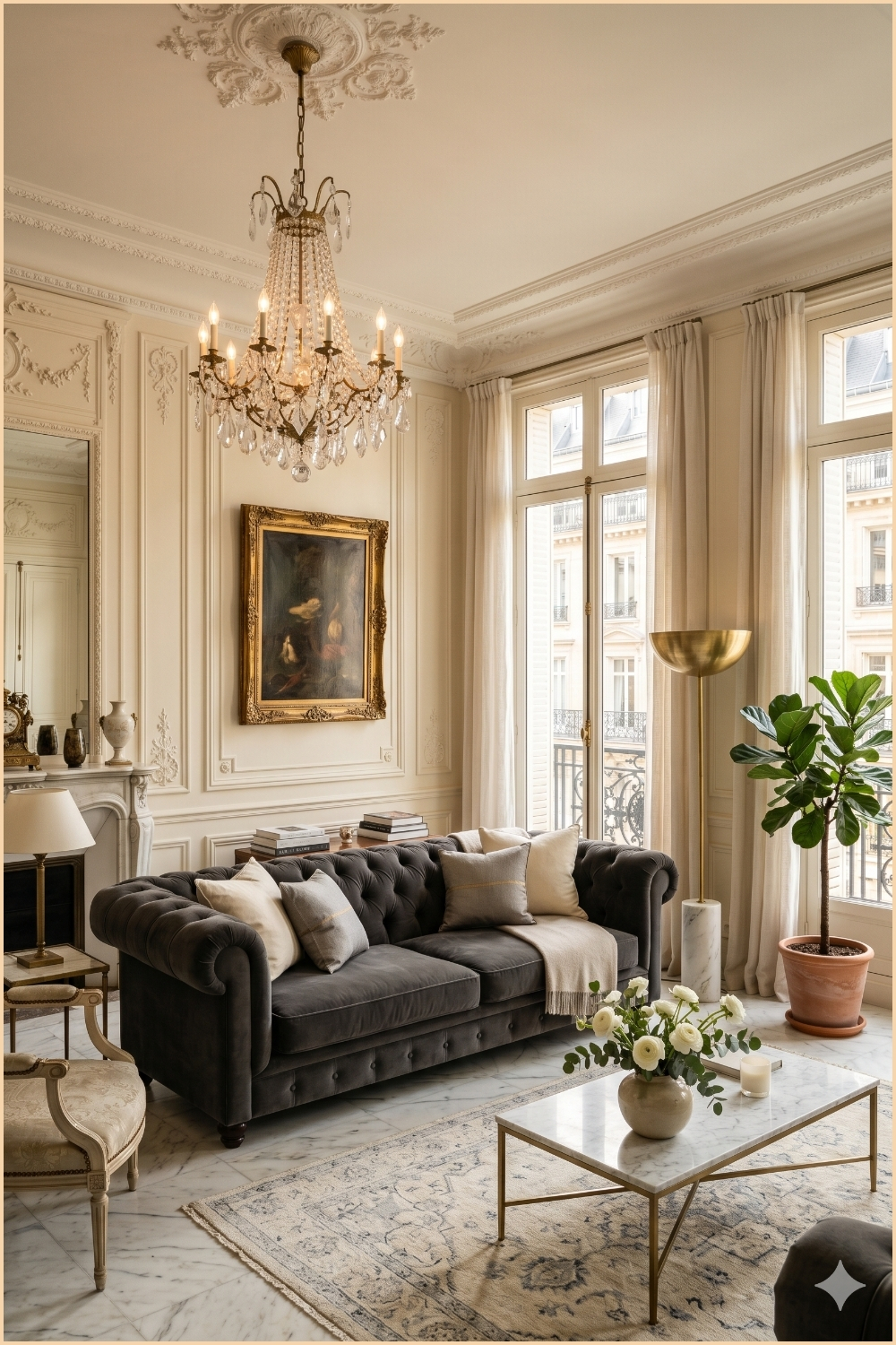Elegant Parisian Gray Sofa Salon