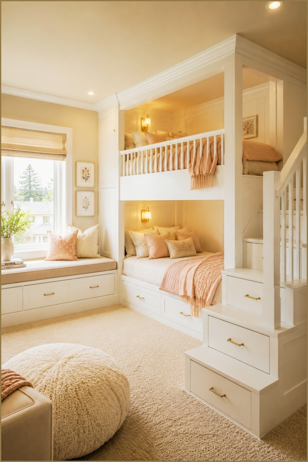 Elegant Storage Stair Bunk Bedroom