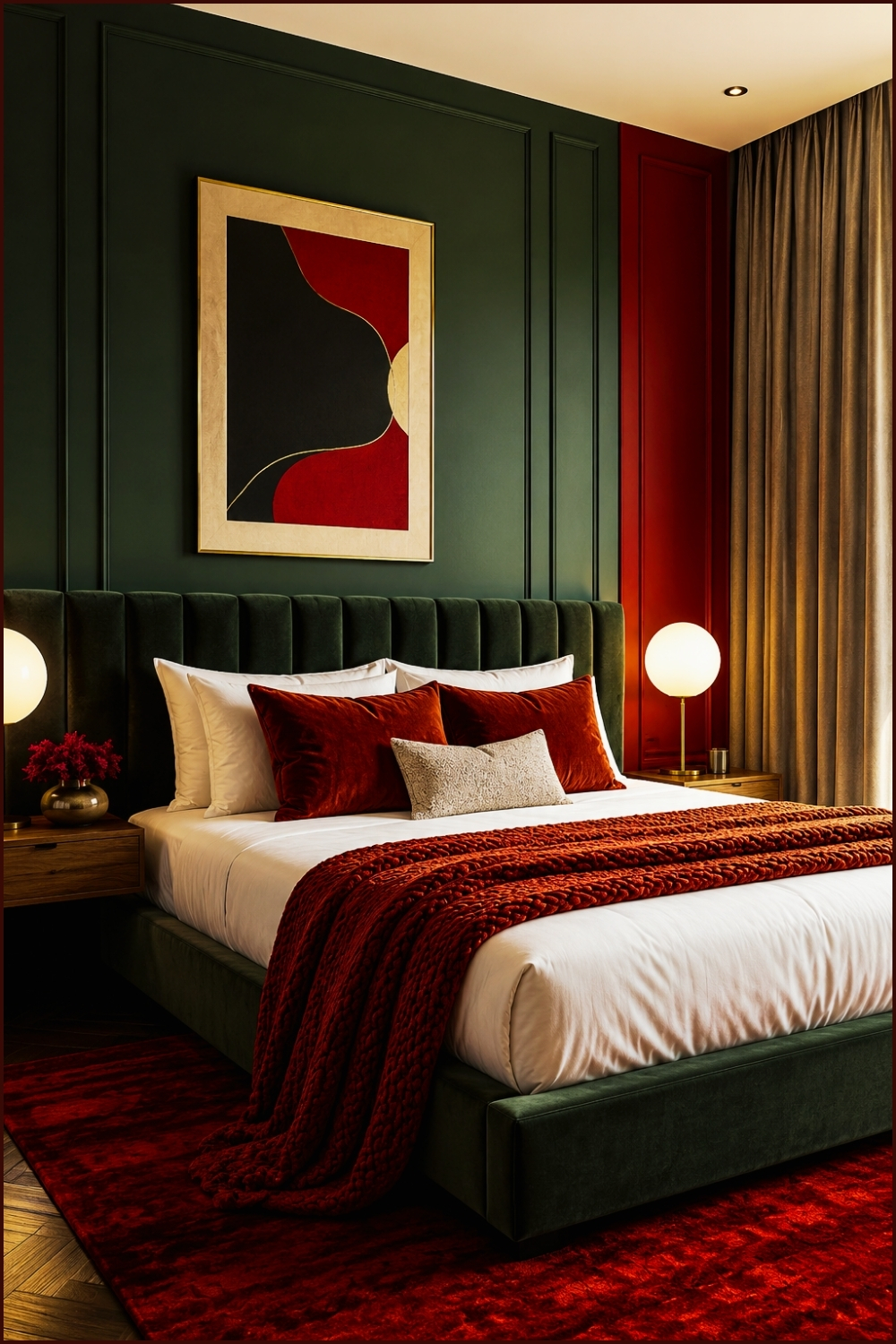 Emerald Green and Crimson Luxe Bedroom