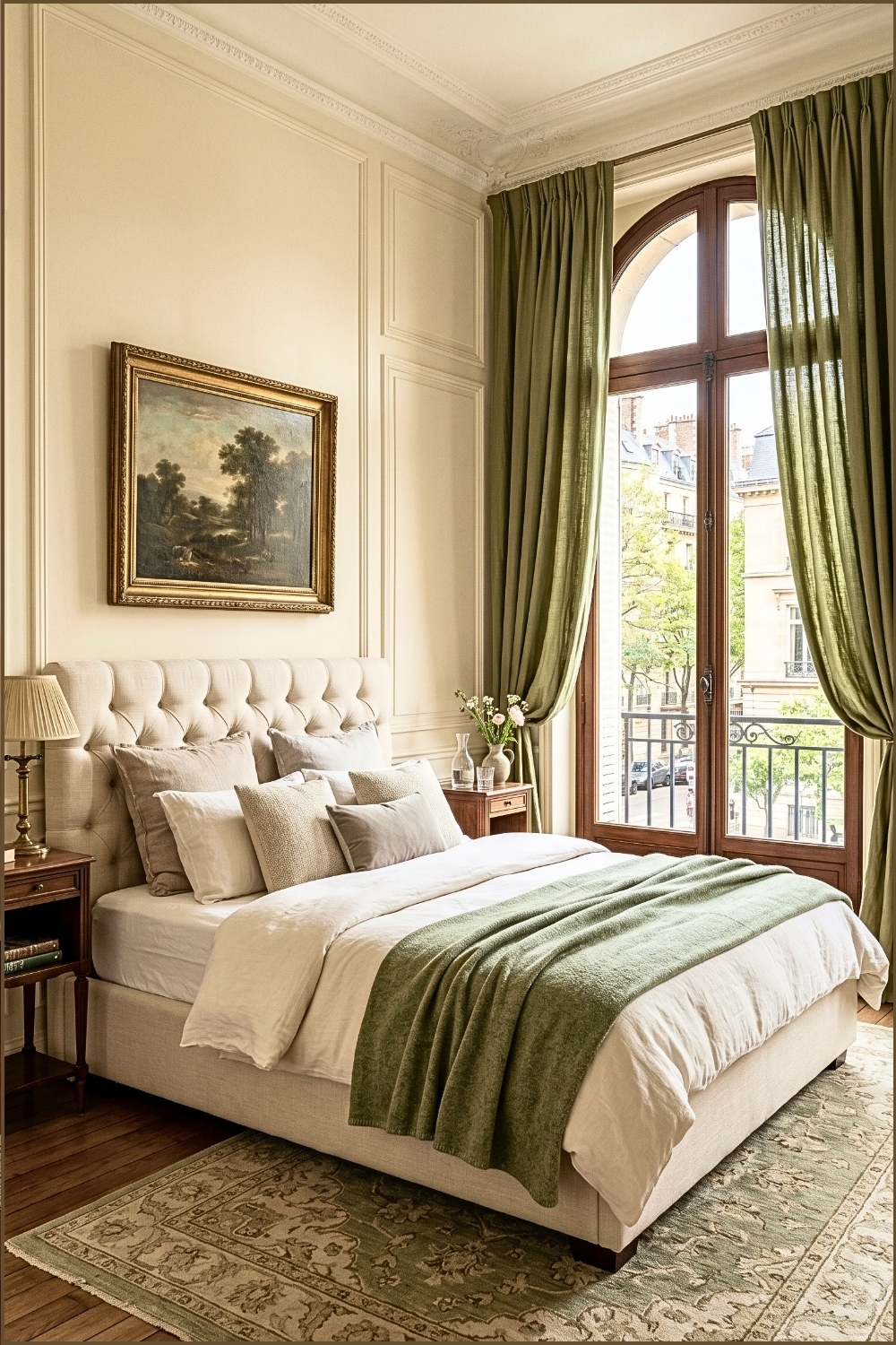 European Style Sage Bedroom With Arched Windows
