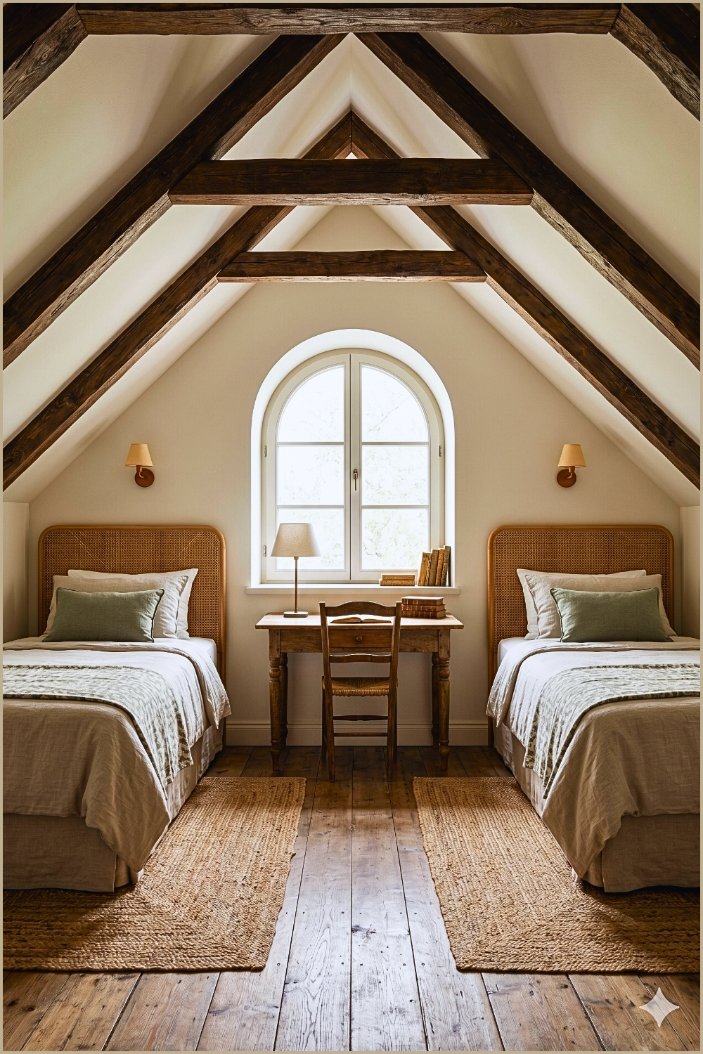 Farmhouse Attic Bedroom with Center Desk