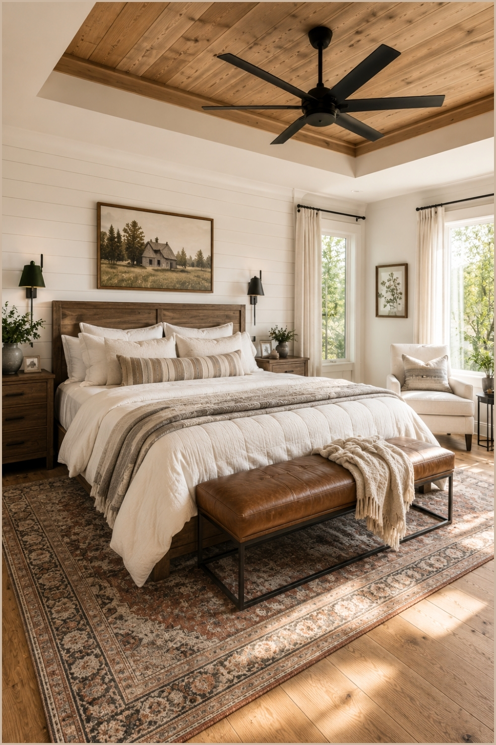 Farmhouse Bedroom With Wood Tray Ceiling