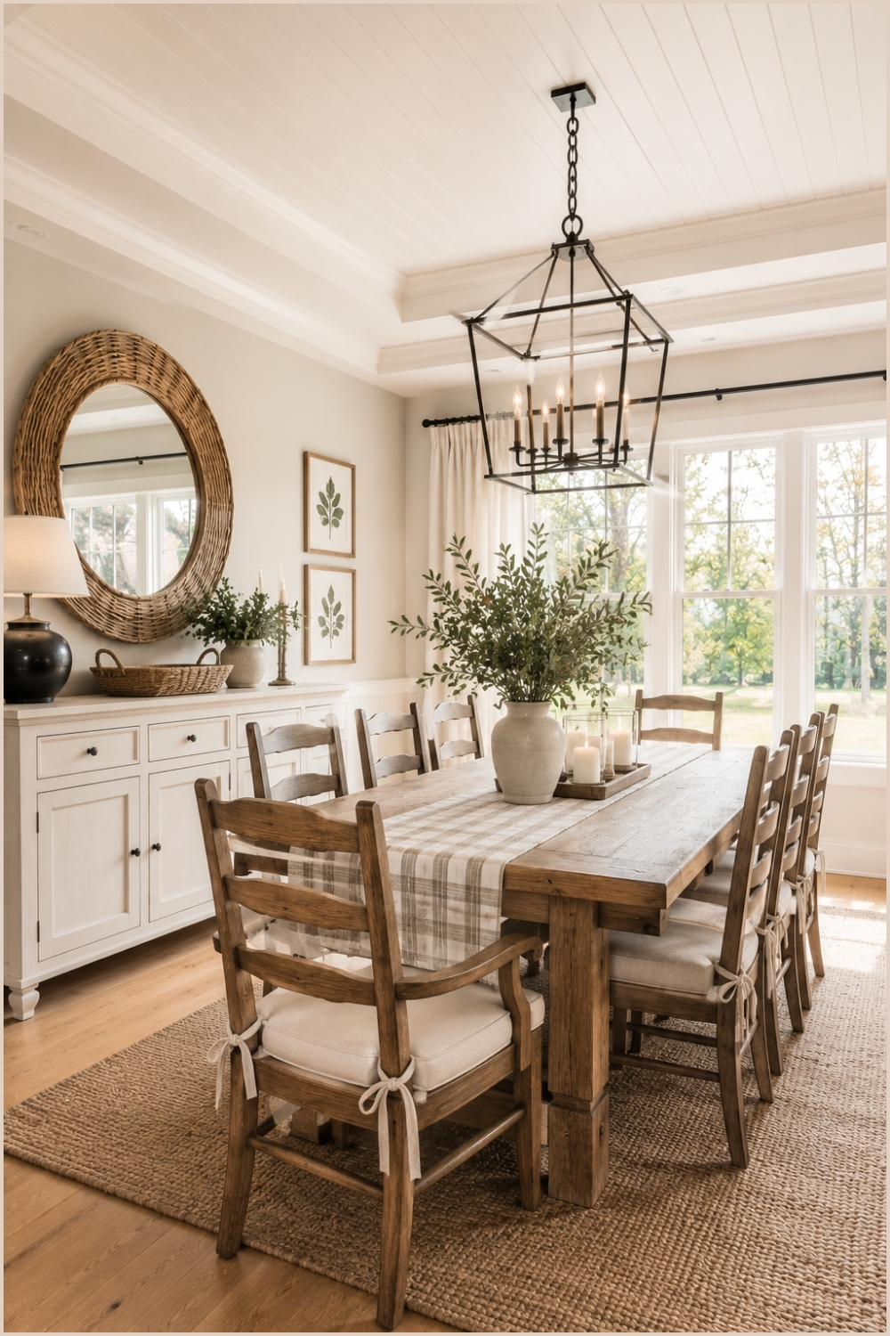 Farmhouse Dining Room With Lantern Chandelier