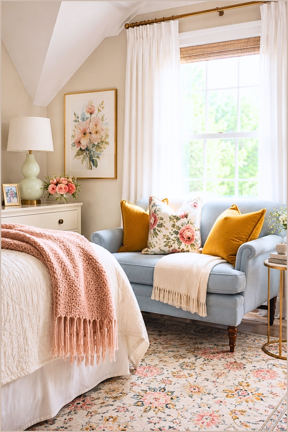 Feminine Reading Nook with Floral Pillows