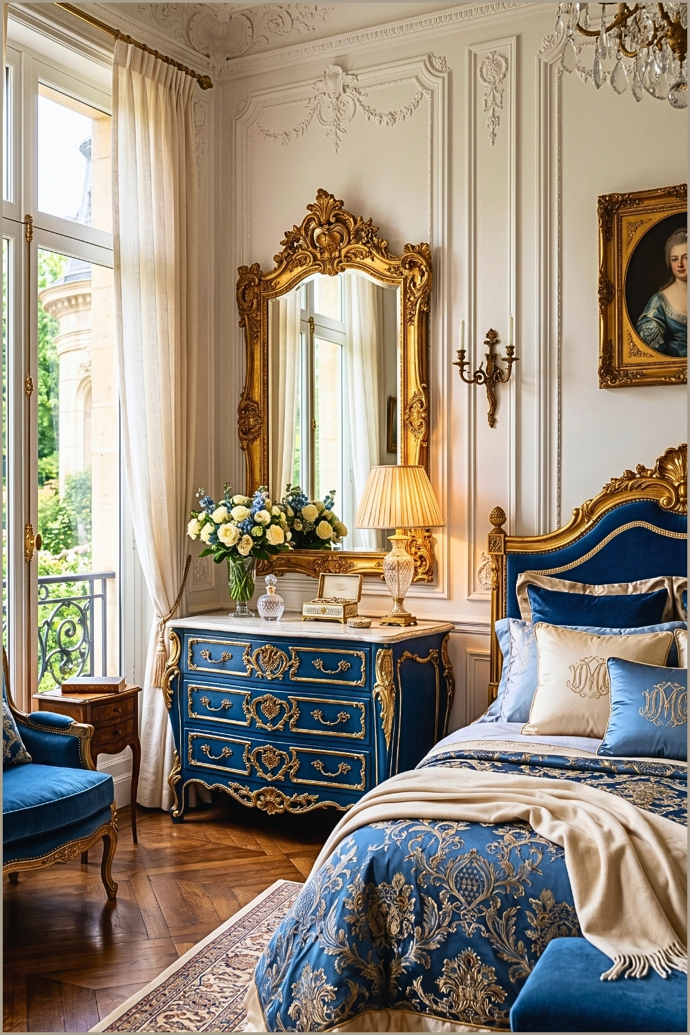 French Classic Blue and Gold Bedroom