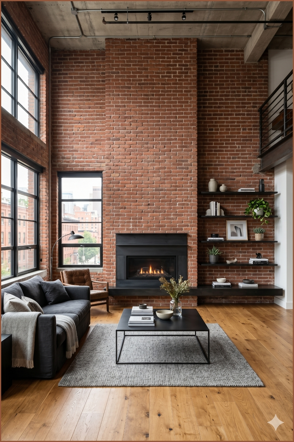 Full Height Exposed Brick Fireplace Wall