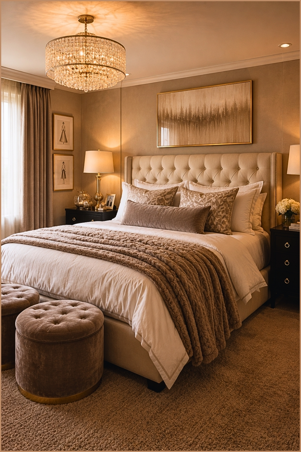 Glam Neutral Bedroom with Crystal Chandelier