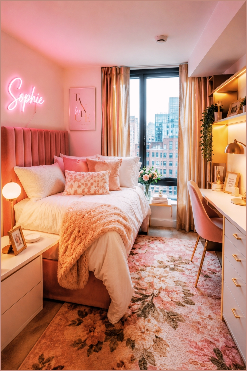 Glam Pink Dorm Bedroom