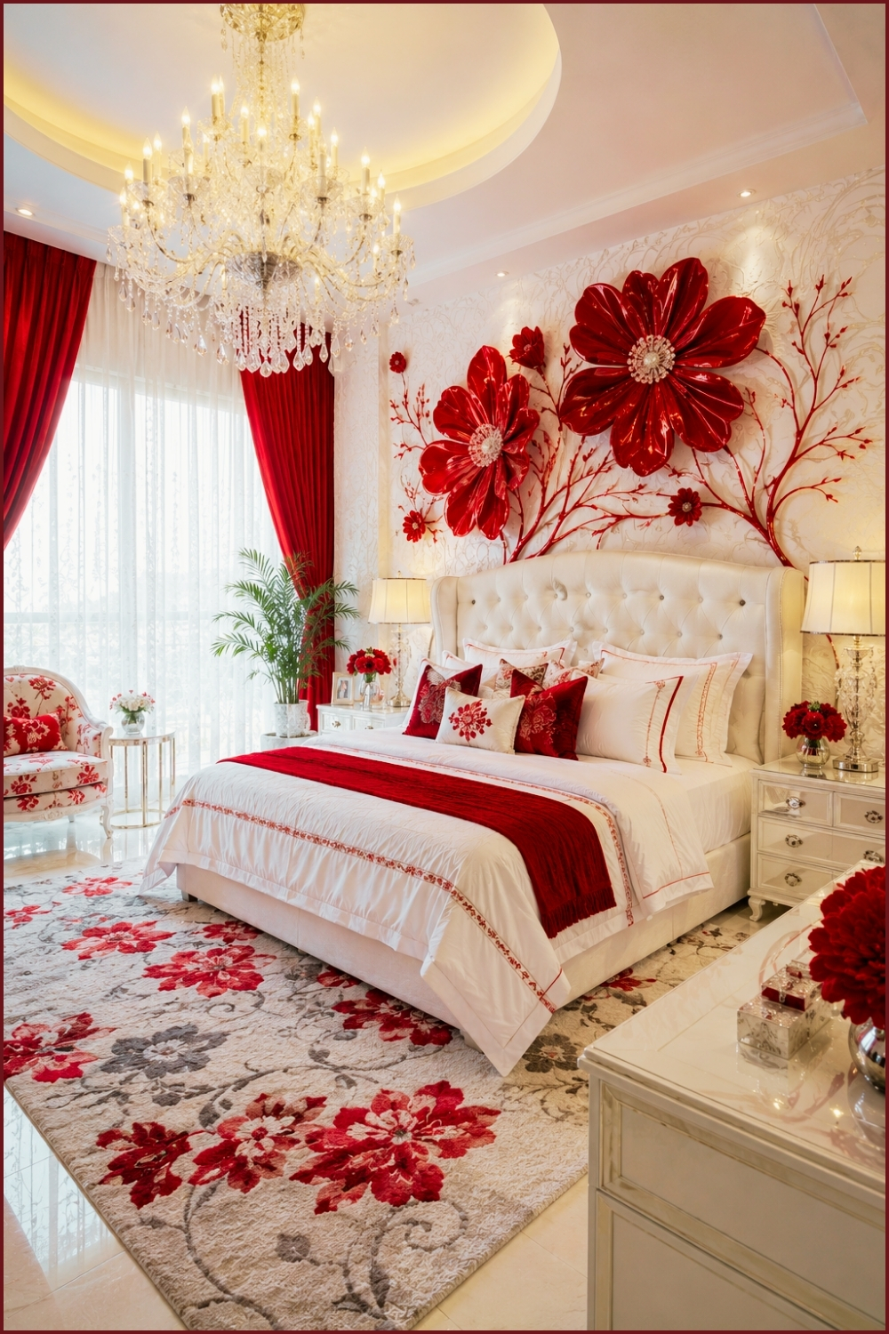 Glamorous Red Floral Bedroom