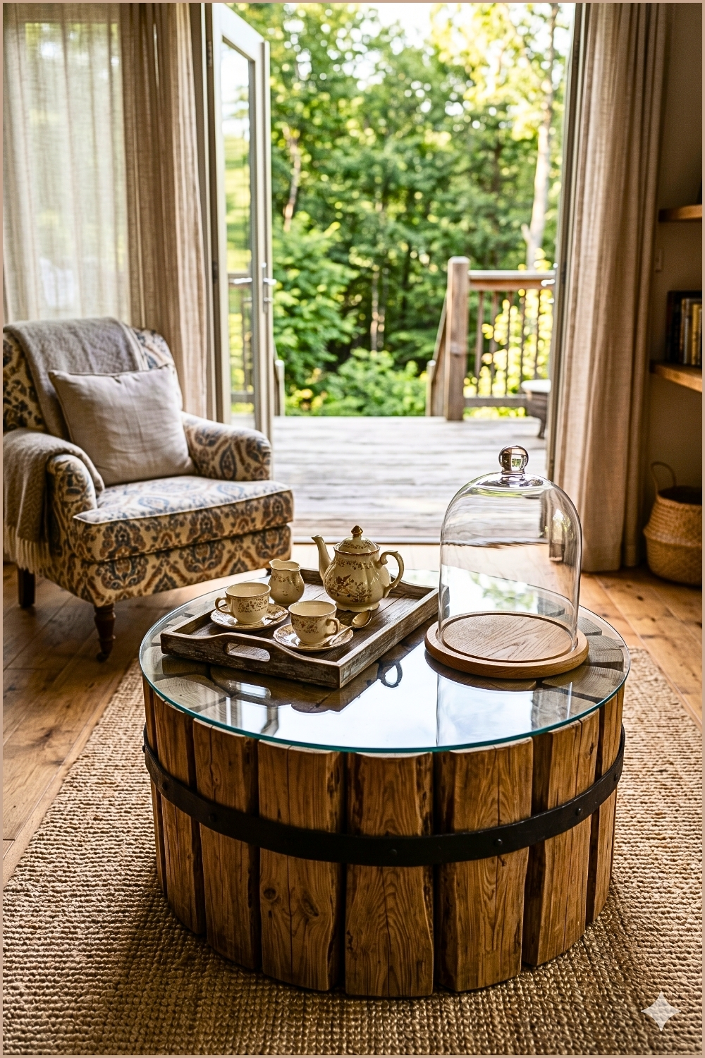 Log Drum Coffee Table with Tea Set